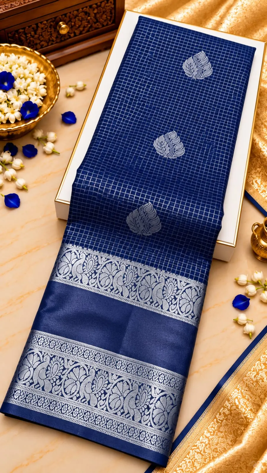 Navy Blue Silver Zari Leaf Buttas Checked Semi Kanchipuram Silk Saree